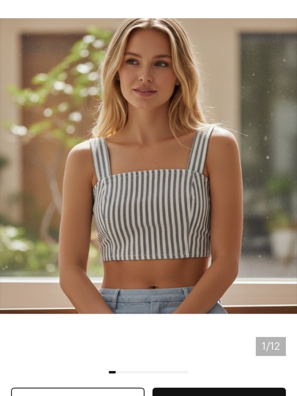 Zara White and Gray Vertical-Striped Square-Neck Crop Top